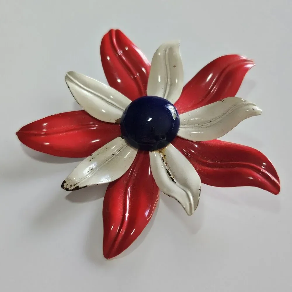 Vintage Large Patriotic Flower Brooch 4th Of July Red White Blue Metal